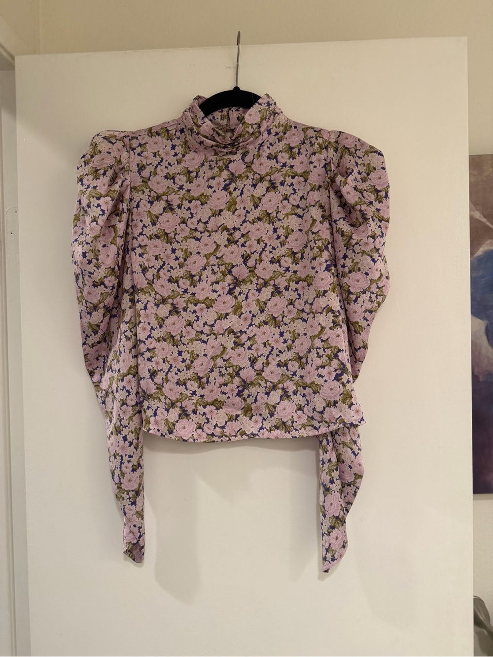 Zara Pink Floral High-Neck Puff Sleeve Top